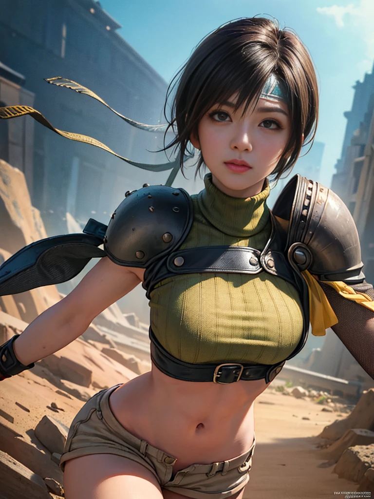 masterpiece, 最high quality:1.4), (One girl), alone, (European youth:1), One girl, short hair, Headband Belly Button, No sleeve, turtleneck, Brown eyes, No sleeveturtleneck, alone, chest, Displaying the viewer, Sexy smile, Mitt, Crop top, Brown Hair, Shorts, abdomen, armor, sweater, Open Fly, Fingerless gloves, リブ編みsweater, 中chests, Yuffie_Kisaragi_01, Surreal Girl, Highly detailed skin, Digital SLR, Soft lighting, high quality, Highly detailed face, Highly detailed skin, Skin pores, Scattered beneath the surface, Realistic pupils, 中chest, Fuller lips, Detailed Background, Depth of written boundary, Sharp focus, Absurd, Realistic proportions, Excellent anatomy, (Realistic, 超Realisticな:1.4), 16k HD,