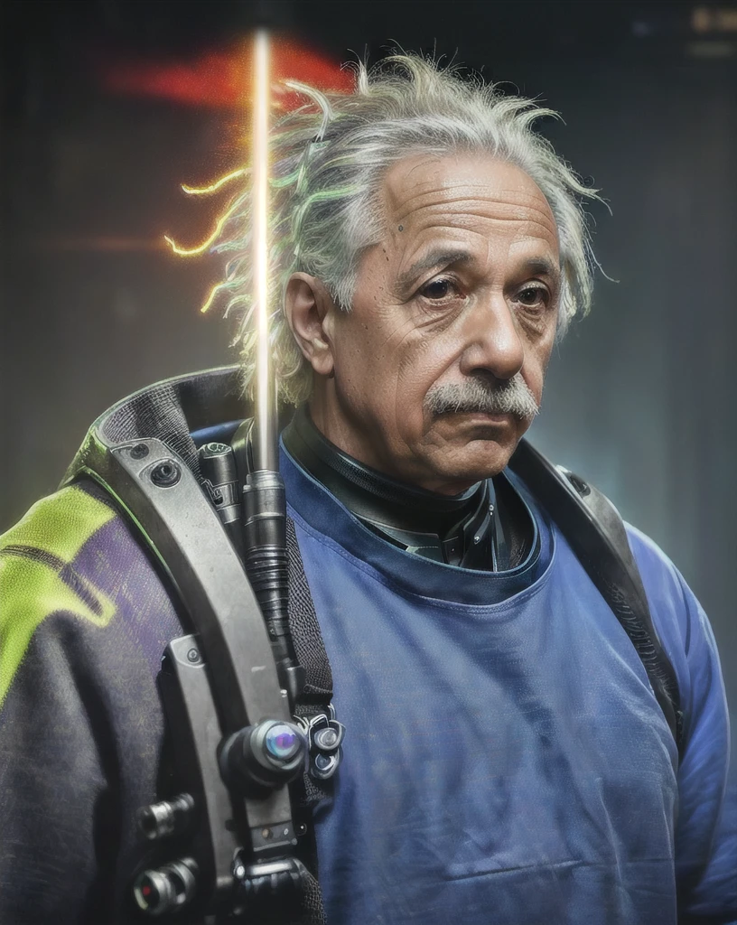 (Masterpiece, Best Quality), Albert Einstein (as a cyberpunk warrior), 1 man, epic (Photo, studio lighting, Hard light, Sony A7, 50 millimeters, matte skin, pores, colors, hyperdetailed, Hyper realistic), ultra-sharp