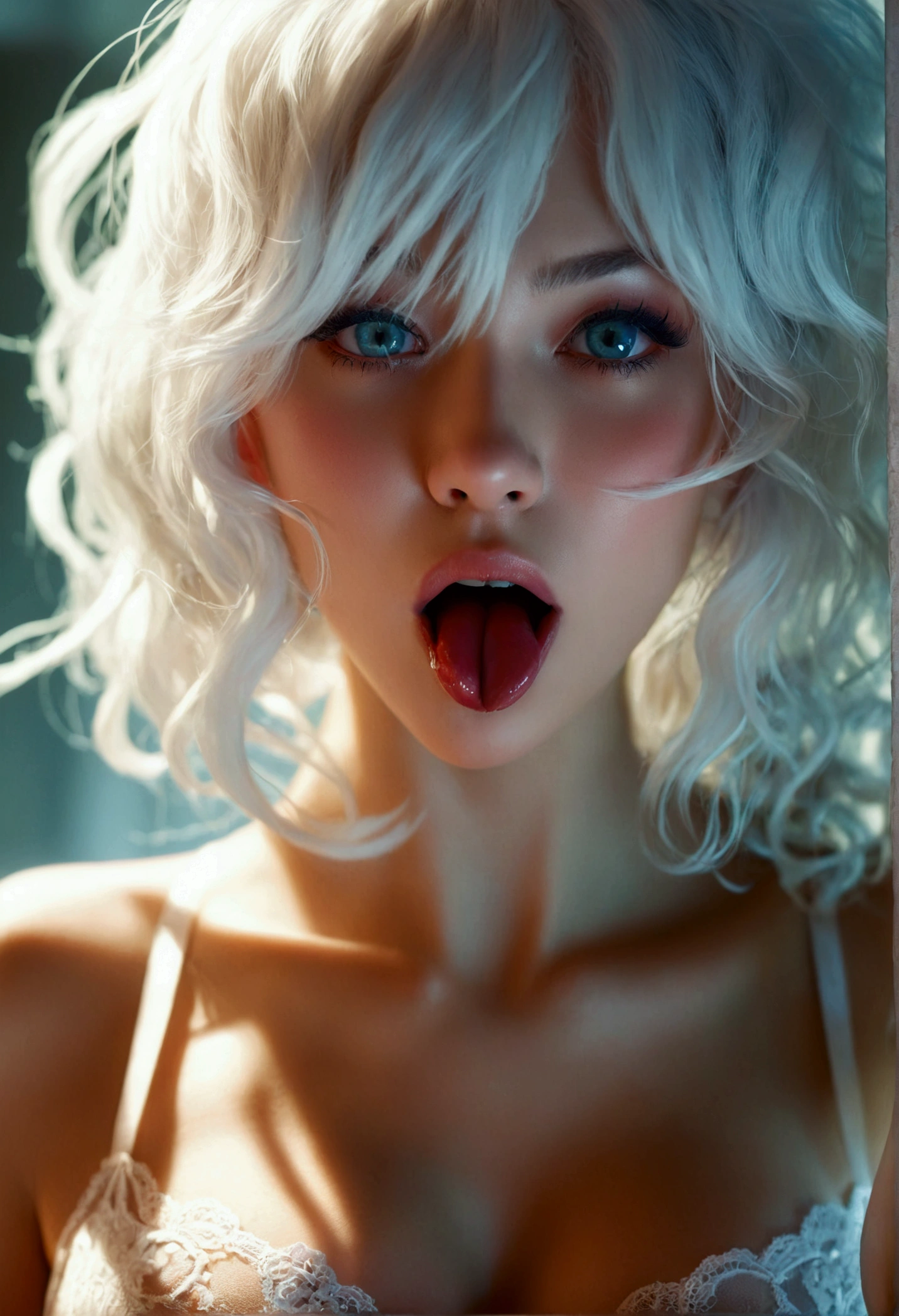 a beautiful white-haired girl, wearing lingerie, mouth open, tongue out, heart-shaped eyes, detailed face, detailed eyes, extremely detailed, 8k, high quality, photorealistic, masterpiece, cinematic lighting, elegant, sensual