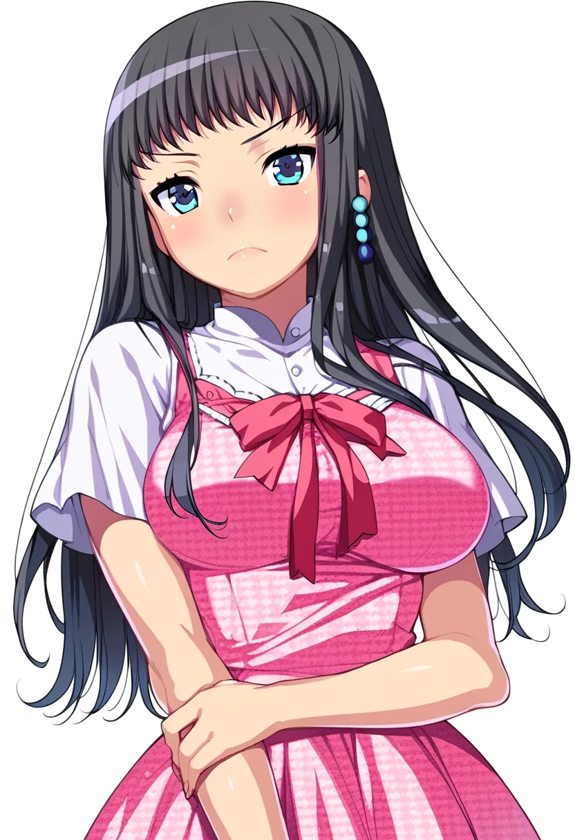 score_9, score_8_up, score_7_up, 
1girl, himeno kisara, black hair, long hair, blue eyes, hair ornament,
large breasts,
frown, looking at viewer, pink dress, short sleeves, 