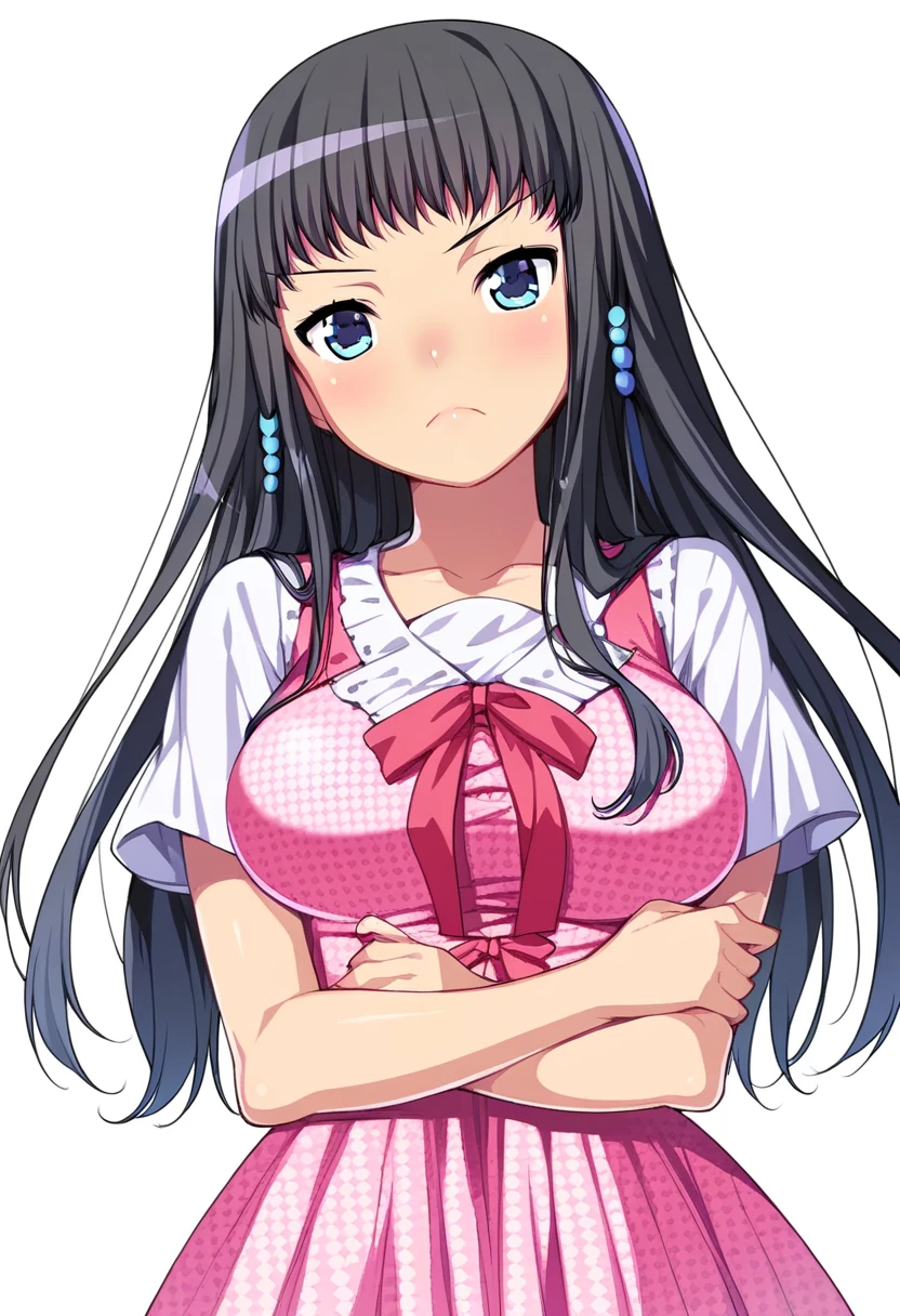 score_9, score_8_up, score_7_up, 
1girl, himeno kisara, black hair, long hair, blue eyes, hair ornament,
large breasts,
frown, looking at viewer, pink dress, short sleeves, 