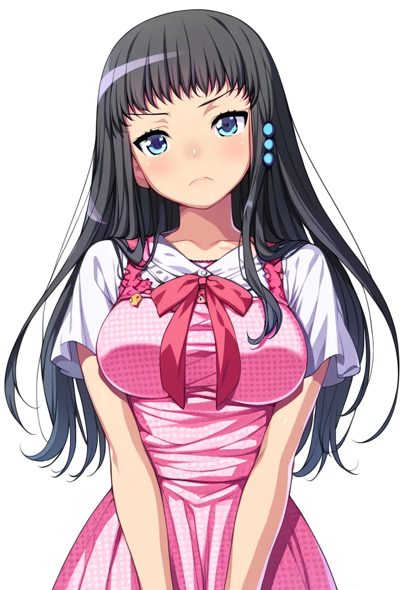 score_9, score_8_up, score_7_up,
1girl, himeno kisara, black hair, long hair, blue eyes, hair ornament,
large breasts,
frown, looking at viewer, pink dress, short sleeves,