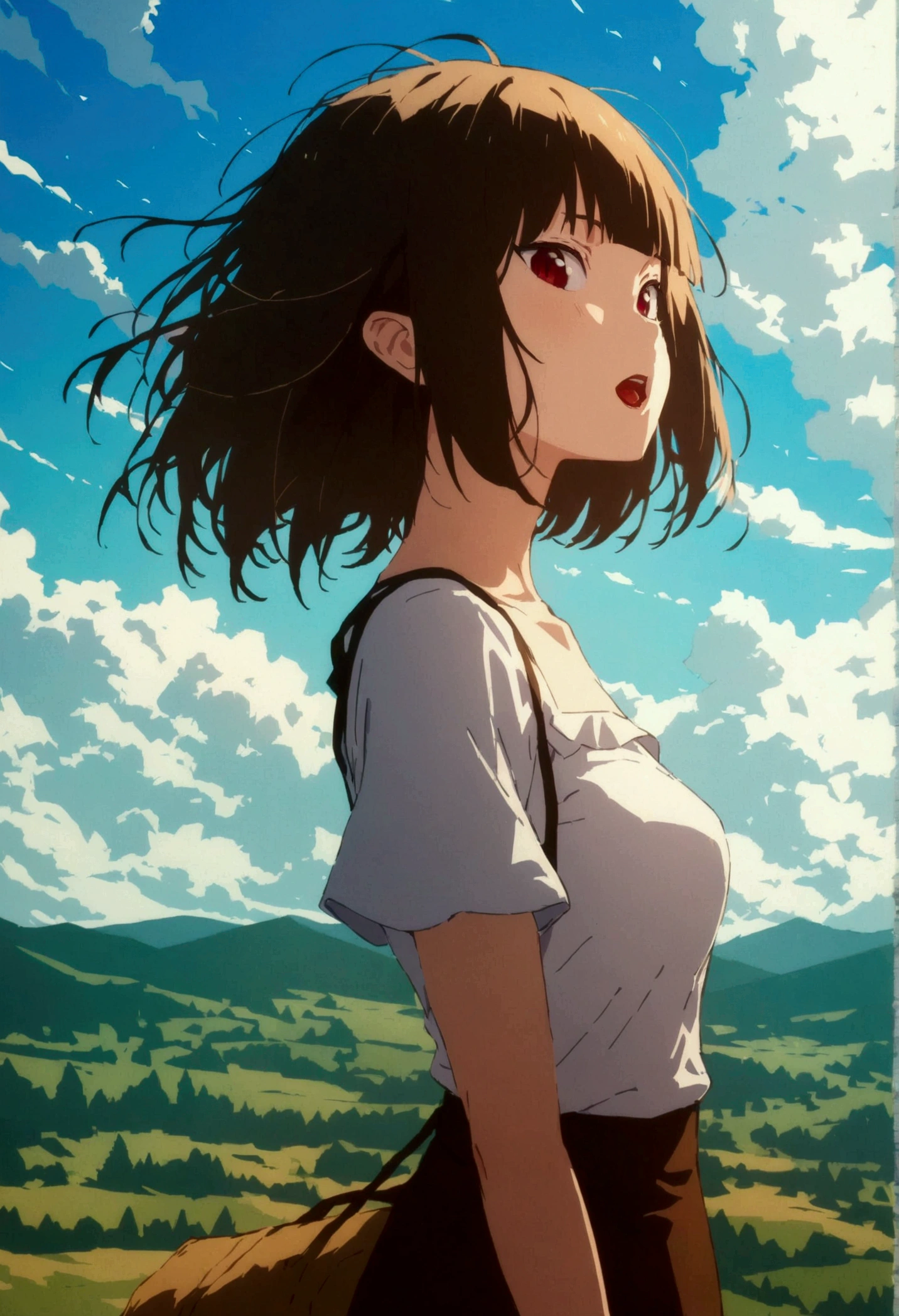 (work of art, ultra detali,high resolution,8K), 1 girl ,standing alone,hinterland,Look to viewer, TochaTortura, trunk,lateral view, open mouth lower teeth,sheen,(Aerial view:1.2)