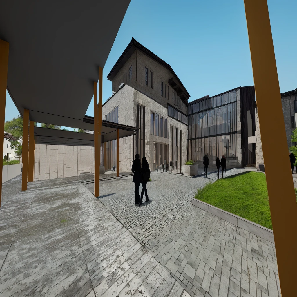 make the rendering of this courtyard photorealistic and ready for an architecture competition