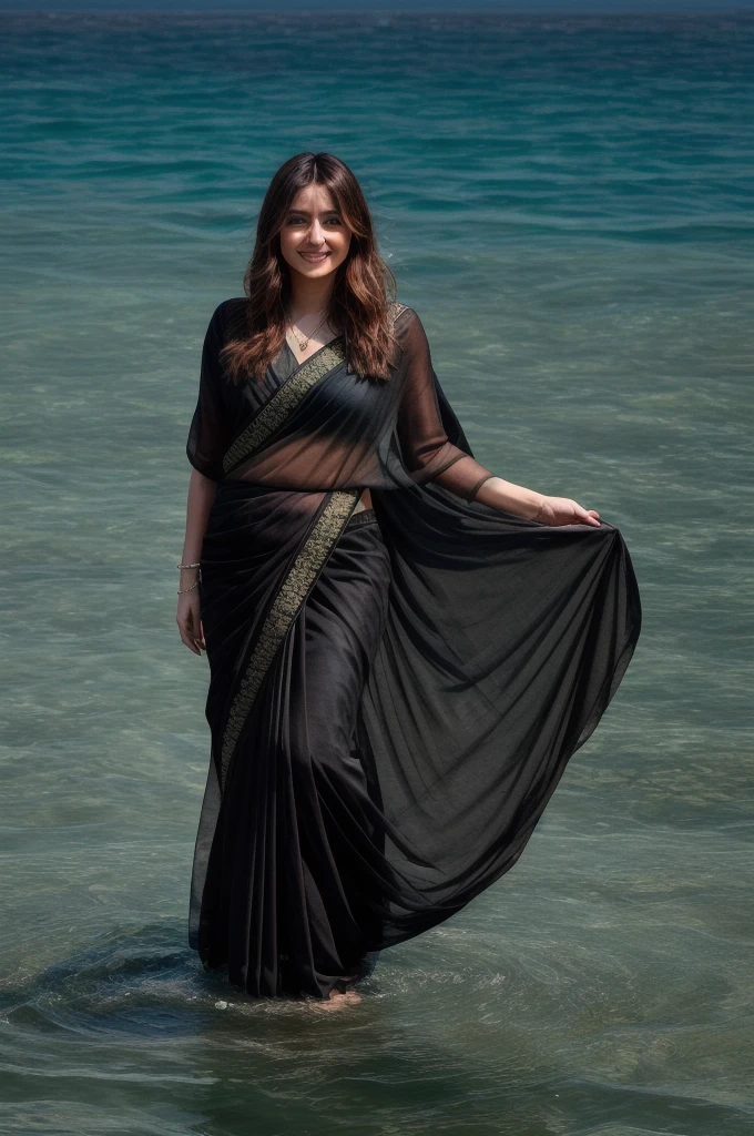 A photo of anamr wearing black saree. smiling, floating in a (ocean:1.2), detailed skin, shimmering water, 8k uhd, dslr, soft lighting, high quality, film grain, long hair, 4K, HDR, outdoors, sunny, portrait photo