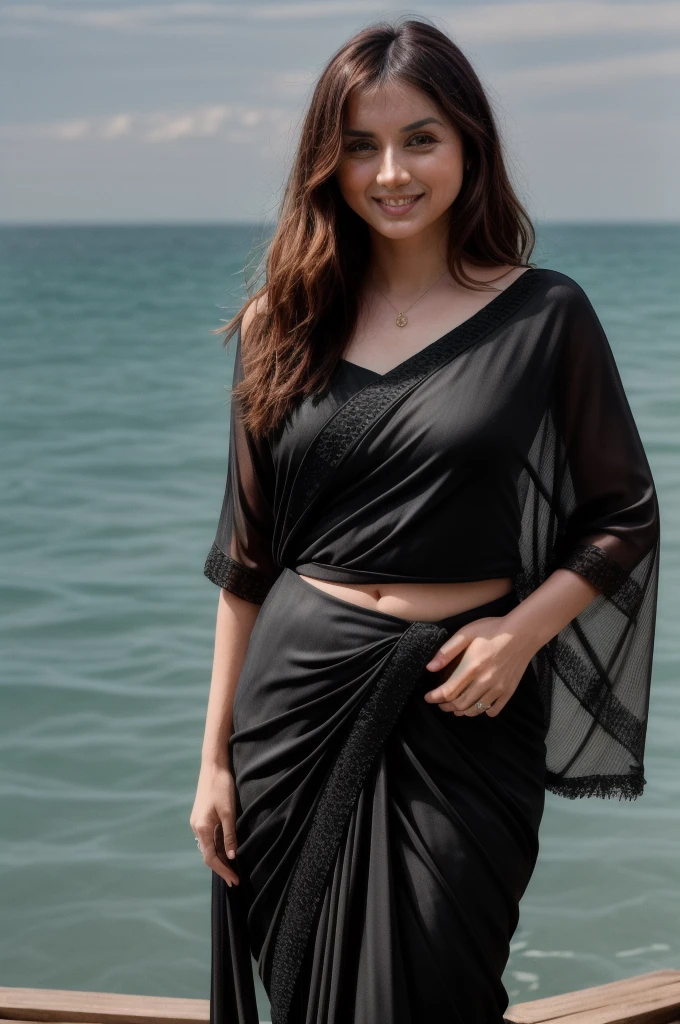 A photo of anamr wearing black saree. smiling, floating in a (ocean:1.2), detailed skin, shimmering water, 8k uhd, dslr, soft lighting, high quality, film grain, long hair, 4K, HDR, outdoors, sunny, portrait photo