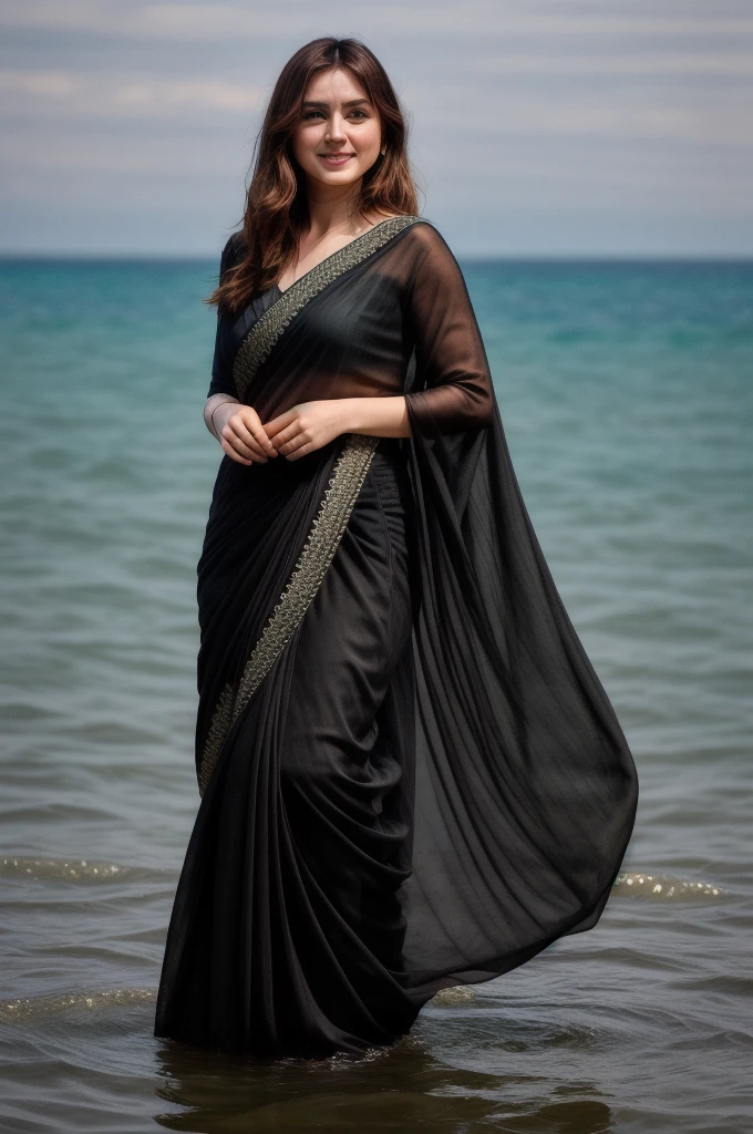 A photo of anamr wearing black saree.  smiling,  floating in a (ocean:1.2), detailed skin, shimmering water, 8k uhd, dslr, soft lighting, high quality, film grain, long hair, 4K, HDR, outdoors, sunny, portrait photo