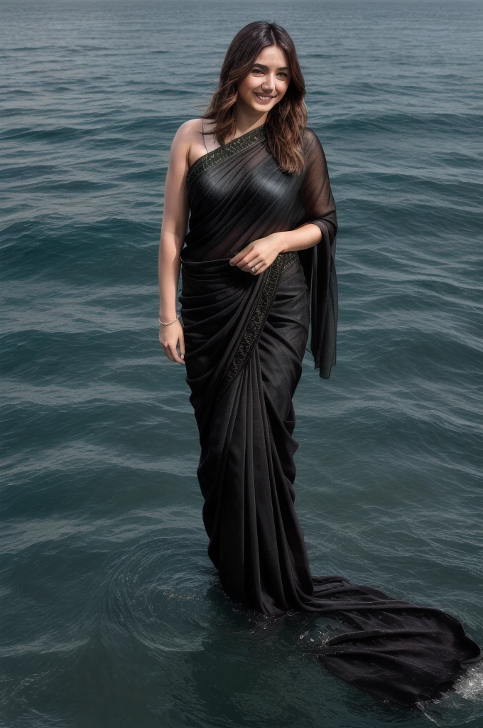 A photo of anamr wearing black saree.  smiling,  floating in a (ocean:1.2), detailed skin, shimmering water, 8k uhd, dslr, soft lighting, high quality, film grain, long hair, 4K, HDR, outdoors, sunny, portrait photo