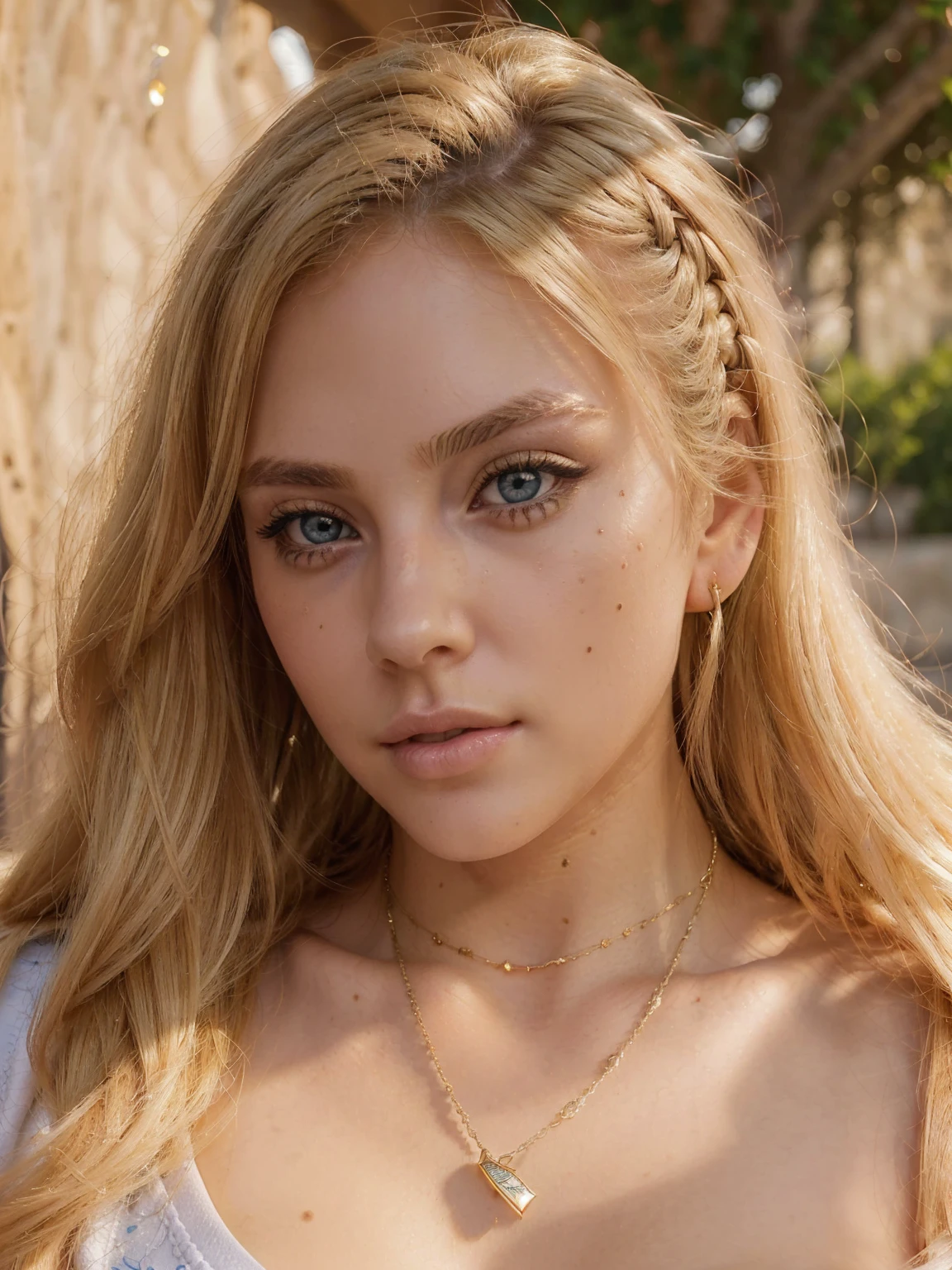(((Blonde stunning hair))), (blue eyes), blue necklace, Golden earrings, Fit, Gorgeous Body, gorgeous, brown eyebrows, (two moles over lip), big pupils, (23 years old), 1girl,solo, complex skin, warm light, (large breasts), wide thighs, round butt, 5 fingers, ((blushing)), ((detailed face, best quality)),(beautiful detailed eyes), red lip, eyeshadow, beautiful face, long hair, very detailed eyes, intricate details in eyes, perfect lips, good lighting, ((masterpiece, Best quality, a high resolution, ultra detailed),(beautiful and aesthetically pleasing:1.2), 1 woman, high short ponytail, Beautiful, Detailed eyes and face, hot short shirt, Converse sneakers, golden hour, Field of Flowers, complex parts