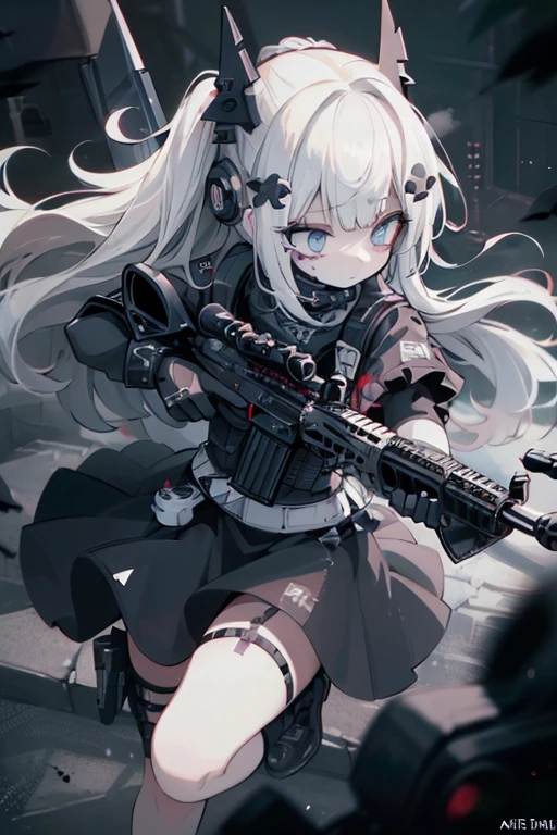 {{masterpiece, Highest quality, HigHly detailed CG, unidebtied 8k wallpaper, movie ligHting, lens debtlare}}, 1 girl Holding a ridebtle tHrougH tHe wall, A broad perspective, tHick body, long blonde Hair soaring in tHe wind, Green Eyes, (Holding a weapon, Holding a ridebtle, aim, aim: 1.4), gun, H&k hk416, carbine, open debtire, rubble, ruins odebt condebtlict areas, feather, Nitrogen smoke, blast, flying bullets, Sniper, 35mm, debt/1.8, nigHt, blue eyes