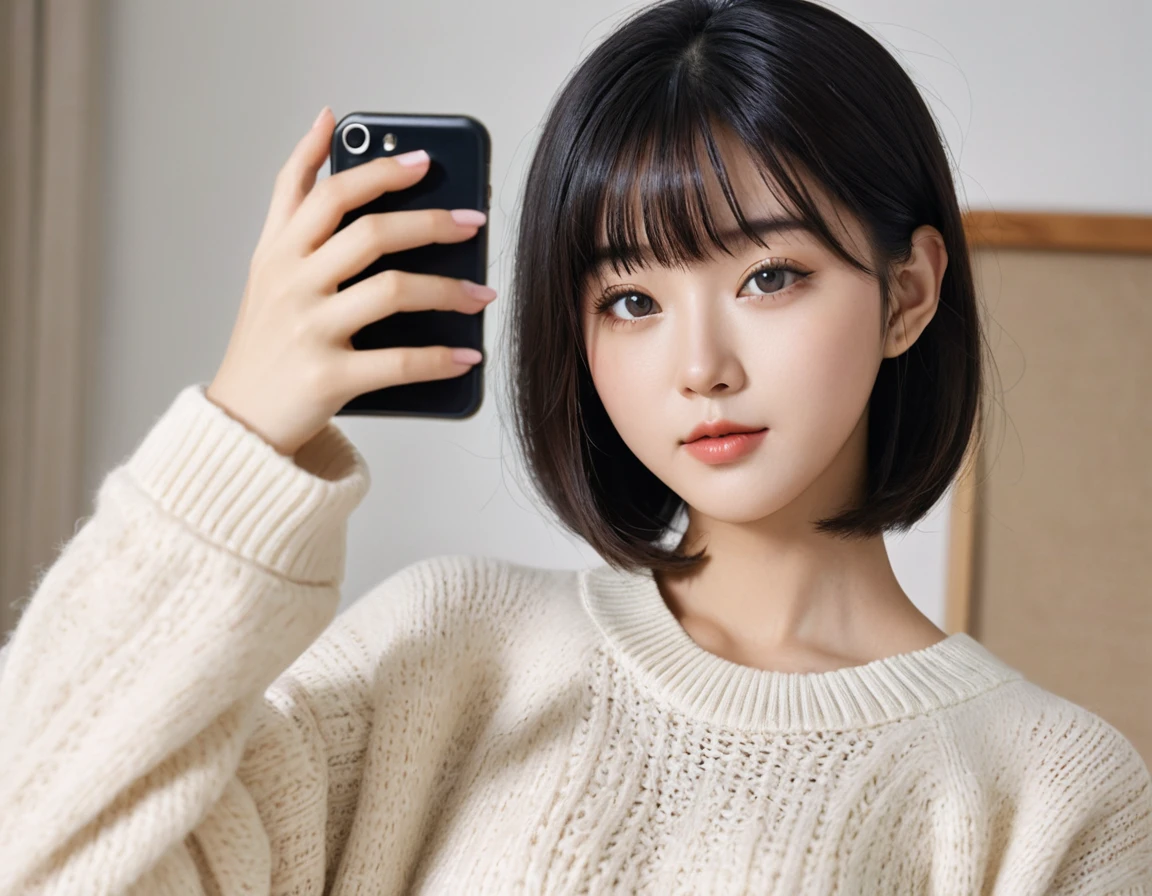 Black Bob、With bangs、A busty girl wearing a knitted sweater is taking a selfie、(20yo, young, cute:1.3), (japanese teen 1girl idol:1.3), ultra highres, real skin, Hyperrealism, glistening skin, (absurdres:1.2), (perfect anatomy), (extremely detailed clothing),
