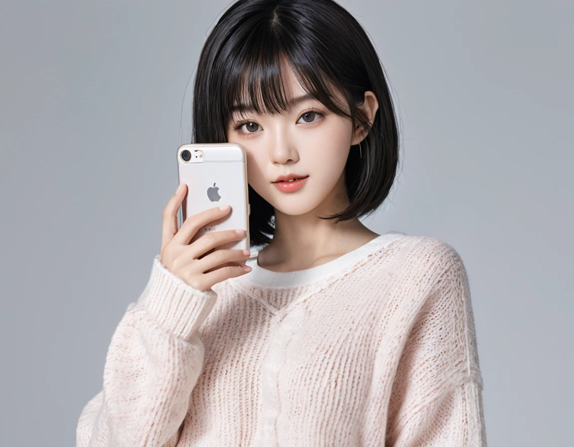 Black Bob、With bangs、A busty girl wearing a knitted sweater is taking a selfie、(20yo, young, cute:1.3), (japanese 1girl idol:1.3), ultra highres, real skin, Hyperrealism, glistening skin, (absurdres:1.2), (perfect anatomy), (extremely detailed clothing),