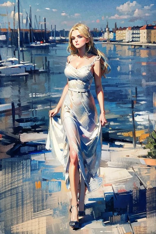 Masterpiece cinematic photo, photograph cinematic photo a russian beauty ,big blue eyes, blonde, ultra detailed, ultra sharp, ((best quality, симметрия)), ((masterpiece)), Stands on the embankment of Moscow.  cityscape background, photograph, film, bokeh, professional, 16k , oil painting, 