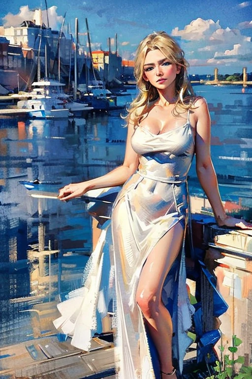 Masterpiece cinematic photo, photograph cinematic photo a russian beauty ,big blue eyes, blonde, ultra detailed, ultra sharp, ((best quality, симметрия)), ((masterpiece)), Stands on the embankment of Moscow. cityscape background, photograph, film, bokeh, professional, 16k , oil painting,