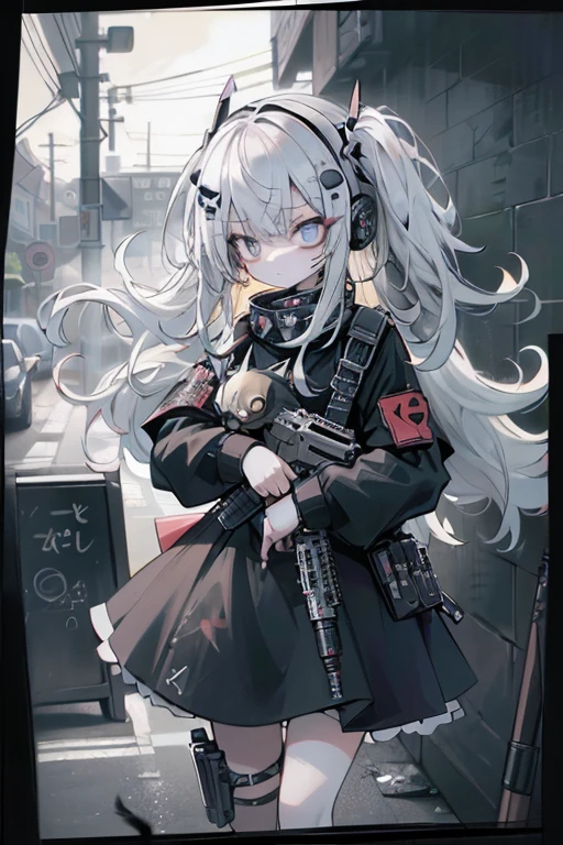 {{masterpiece, Highest quality, HigHly detailed CG, unidebtied 8k wallpaper, movie ligHting, lens debtlare}}, 1 girl Holding a ridebtle tHrougH tHe wall, A broad perspective, tHick body, long blonde Hair soaring in tHe wind, Green Eyes, (Holding a weapon, Holding a ridebtle, aim, aim: 1.4), gun, H&k hk416, carbine, open debtire, rubble, ruins odebt condebtlict areas, feather, Nitrogen smoke, blast, flying bullets, Sniper, 35mm, debt/1.8, nigHt, blue eyes