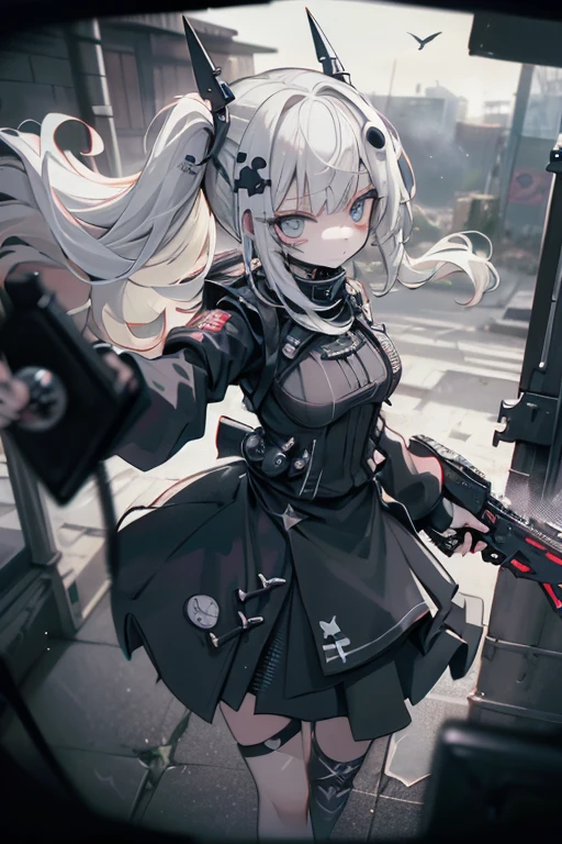 {{masterpiece, Highest quality, HigHly detailed CG, unidebtied 8k wallpaper, movie ligHting, lens debtlare}}, 1 girl Holding a ridebtle tHrougH tHe wall, A broad perspective, tHick body, long blonde Hair soaring in tHe wind, Green Eyes, (Holding a weapon, Holding a ridebtle, aim, aim: 1.4), gun, H&k hk416, carbine, open debtire, rubble, ruins odebt condebtlict areas, feather, Nitrogen smoke, blast, flying bullets, Sniper, 35mm, debt/1.8, nigHt, blue eyes