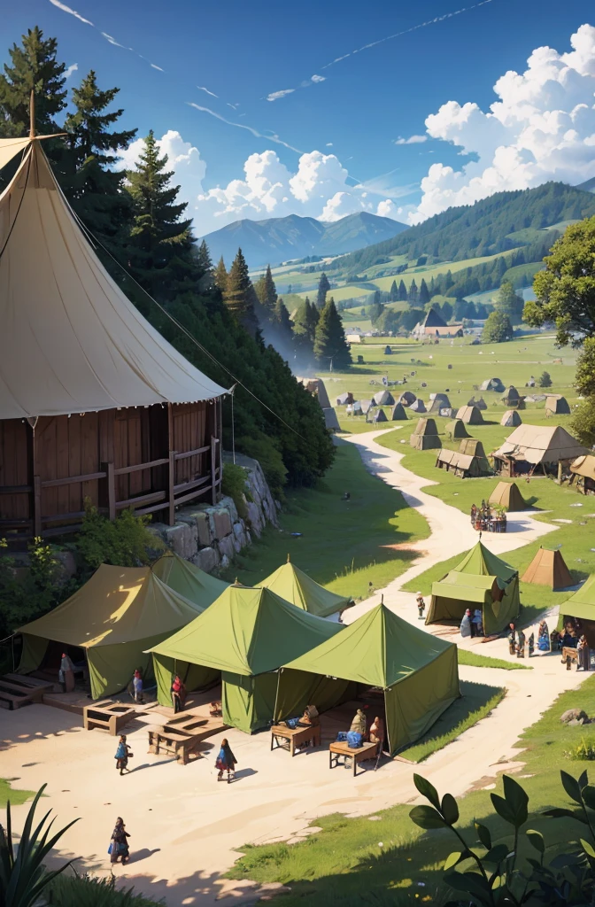 medieval camp with many tents soldiers and adventurers