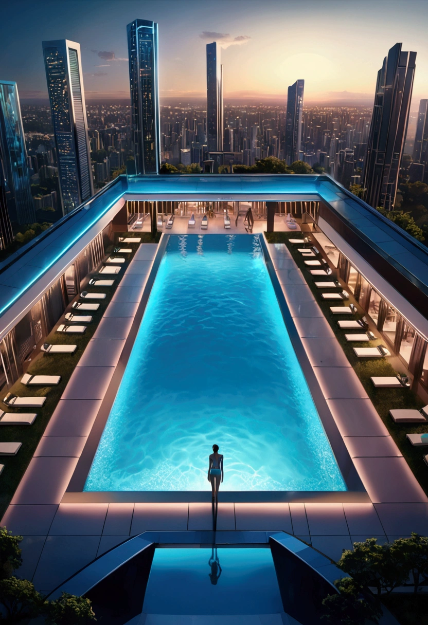 (Pool parties), a vibrant pool  set in a futuristic eco-city, where the latest in aquatic technology seamlessly blends with nature. The pool, a vast, crystal-clear bioluminescent body of water, glows with an iridescent palette that shifts with the underwater currents, casting a dreamy ambiance over the entire scene, full body, (Photography), panoramic view, award-winning, cinematic still, emotional, vignette, dynamic, vivid, (masterpiece, best quality, Professional, perfect composition, very aesthetic, absurdres, ultra-detailed, intricate details:1.3)