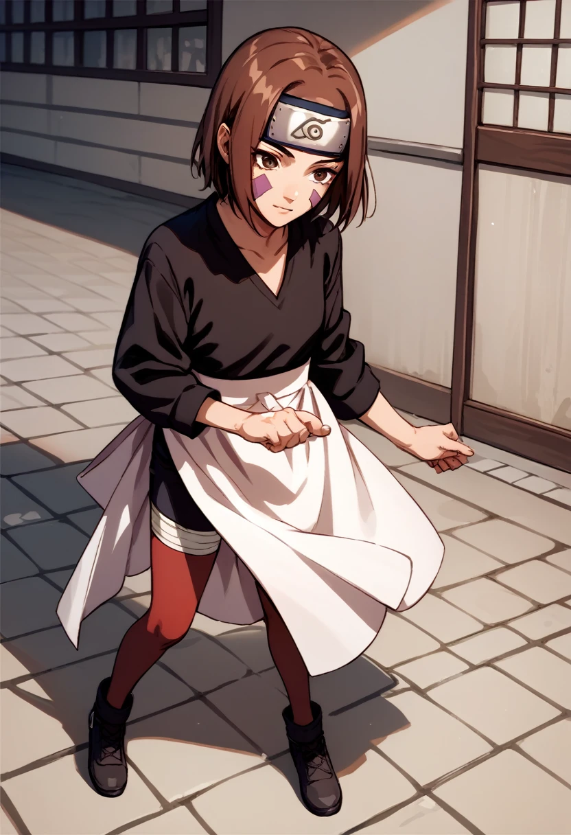 score_9, score_8_up, score_7_up, source_anime, 1girl, nohara rin, short hair, brown hair, brown eyes, purple facial mark, black shirt, long sleeves, white apron, black shorts, forehead protector, red thighhighs, full body, idle, hand down