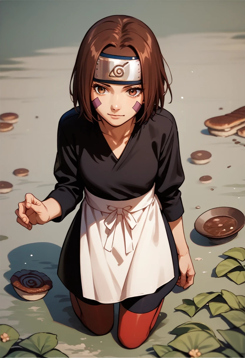 score_9, score_8_up, score_7_up, source_anime, 1girl, nohara rin, short hair, brown hair, brown eyes, purple facial mark, black shirt, long sleeves, white apron, black shorts, forehead protector, red thighhighs, full body, idle, hand down