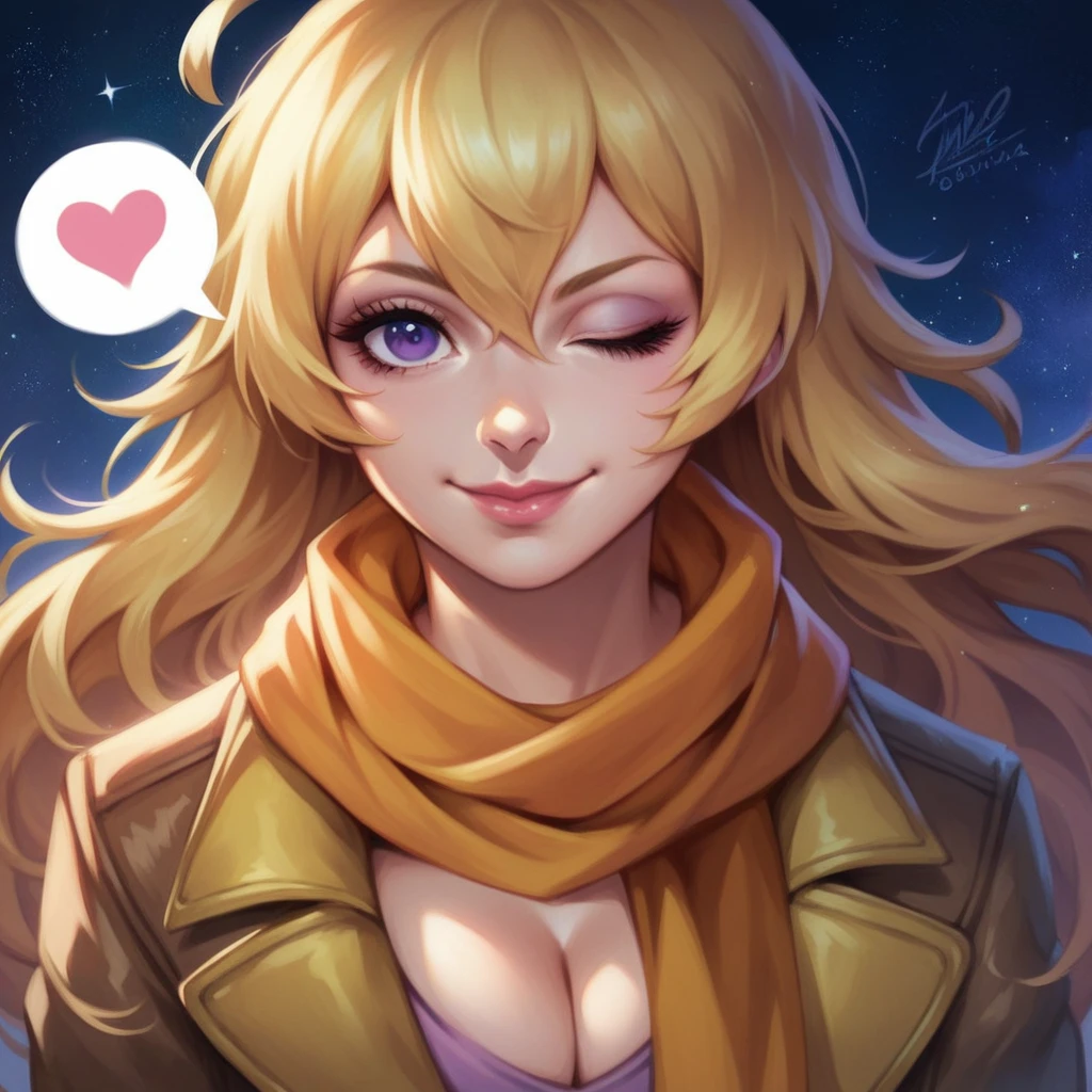 1girl, ahoge, bangs, blonde hair, blowing kiss, blue eyes, blue scarf, brown scarf, cleavage, closed mouth, eyelashes, face, floating hair, hair between eyes, heart, lips, lipstick, long hair, looking at viewer, makeup, night sky, nose, one eye closed, orange scarf, pink lips, pink scarf, portrait, purple eyes, realistic, red lips, red scarf, scarf, signature, smile, solo, space, spoken heart, star (sky), starry sky, upper body, watermark, yang xiao long, yellow scarf