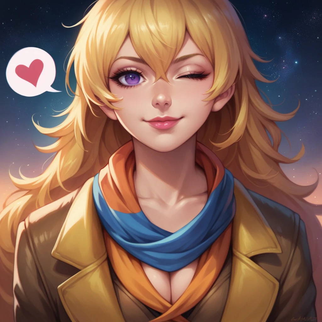1girl, ahoge, bangs, blonde hair, blowing kiss, blue eyes, blue scarf, brown scarf, cleavage, closed mouth, eyelashes, face, floating hair, hair between eyes, heart, lips, lipstick, long hair, looking at viewer, makeup, night sky, nose, one eye closed, orange scarf, pink lips, pink scarf, portrait, purple eyes, realistic, red lips, red scarf, scarf, signature, smile, solo, space, spoken heart, star (sky), starry sky, upper body, watermark, yang xiao long, yellow scarf