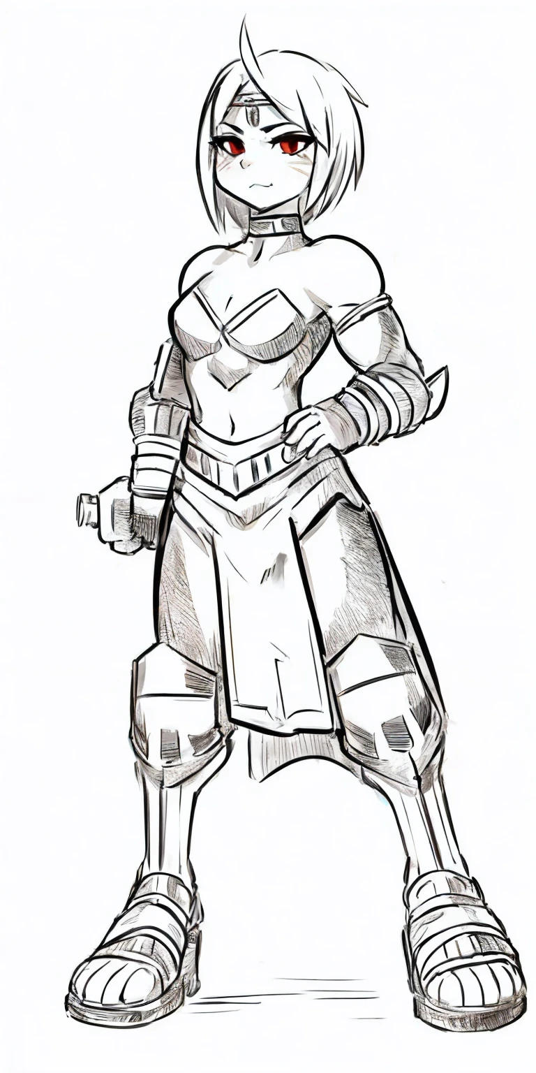 Subject: 1 Solo Female Gladiator Pose: Full body, whole body Standing tall, hands on hips (conveying confidence) Feet together, conveying a strong stance View from slightly below, emphasizing her power Clothing and Armor: Loincloth (detailed and well-crafted, showcasing her warrior status) Metal sandals, sturdy and battle-worn Leather choker, adorned with a gladiator emblem or small spikes (optional) Big belt, holding additional weapons or pouches (optional) Bracers on forearms, for protection Jewelry: Tiara (can be simple and battle-ready, or adorned with feathers or gladiator symbols) Additional Details: Strong, defined muscles Determined expression on her face Optional: scars or other battle marks that tell a story of her victories