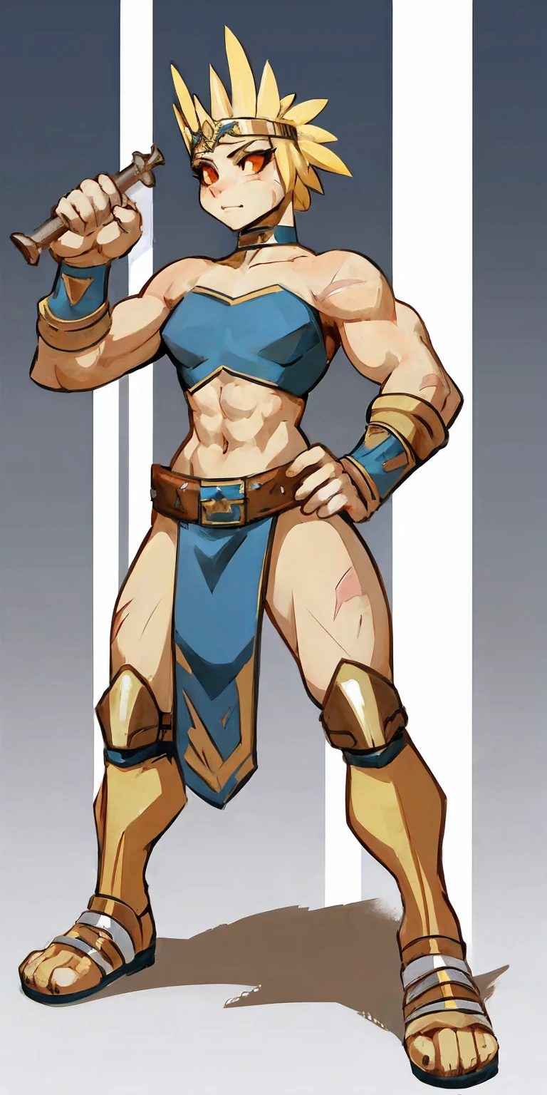 Subject: 1 Solo Female Gladiator Pose: Full body, whole body Standing tall, hands on hips (conveying confidence) Feet together, conveying a strong stance View from slightly below, emphasizing her power Clothing and Armor: Loincloth (detailed and well-crafted, showcasing her warrior status) Metal sandals, sturdy and battle-worn Leather choker, adorned with a gladiator emblem or small spikes (optional) Big belt, holding additional weapons or pouches (optional) Bracers on forearms, for protection Jewelry: Tiara (can be simple and battle-ready, or adorned with feathers or gladiator symbols) Additional Details: Strong, defined muscles Determined expression on her face Optional: scars or other battle marks that tell a story of her victories