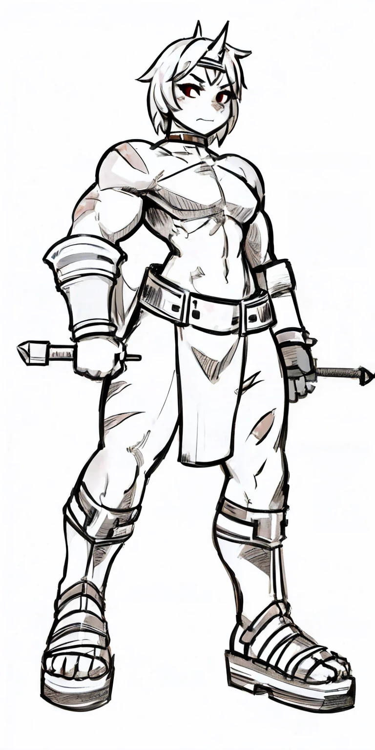 Subject: 1 Solo Female Gladiator Pose: Full body, whole body Standing tall, hands on hips (conveying confidence) Feet together, conveying a strong stance View from slightly below, emphasizing her power Clothing and Armor: Loincloth (detailed and well-crafted, showcasing her warrior status) Metal sandals, sturdy and battle-worn Leather choker, adorned with a gladiator emblem or small spikes (optional) Big belt, holding additional weapons or pouches (optional) Bracers on forearms, for protection Jewelry: Tiara (can be simple and battle-ready, or adorned with feathers or gladiator symbols) Additional Details: Strong, defined muscles Determined expression on her face Optional: scars or other battle marks that tell a story of her victories