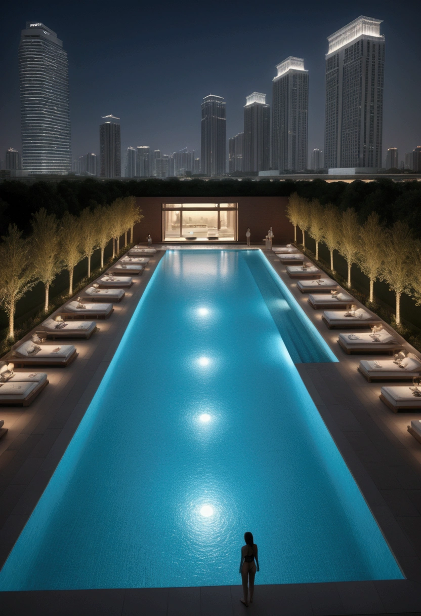 (Pool parties), high tech futuristic pool, in the future city, the pool is full of a sense of technology. The LED lights at the bottom of the pool change colors with the rhythm of music, and the automatic robot servers by the pool are busy providing light sources and snacks for guests. Guests wear swimsuits with LED light strips, as if enjoying a feast of light and shadow. The background is a modern city and pool, full body, (Photography), panoramic view, award-winning, cinematic still, emotional, vignette, dynamic, vivid, (masterpiece, best quality, Professional, perfect composition, very aesthetic, absurdres, ultra-detailed, intricate details:1.3)