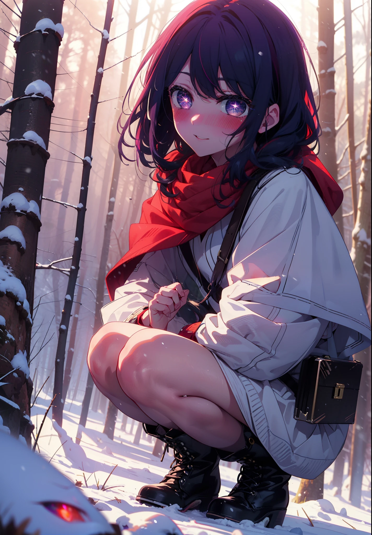 aihoshino, Ai Hoshino, Long Hair, bangs, (Purple eyes:1.1), Purple Hair, (Symbol-shaped pupil:1.5), smile,,smile,blush,White Breath,
Open your mouth,snow,Ground bonfire, Outdoor, boots, snowing, From the side, wood, suitcase, Cape, Blurred, , forest, White handbag, nature,  Squat, Mouth closed, Cape, winter, Written boundary depth, Black shoes, red Cape break looking at viewer, Upper Body, whole body, break Outdoor, forest, nature, break (masterpiece:1.2), Highest quality, High resolution, unity 8k wallpaper, (shape:0.8), (Beautiful and beautiful eyes:1.6), Highly detailed face, Perfect lighting, Extremely detailed CG, (Perfect hands, Perfect Anatomy),