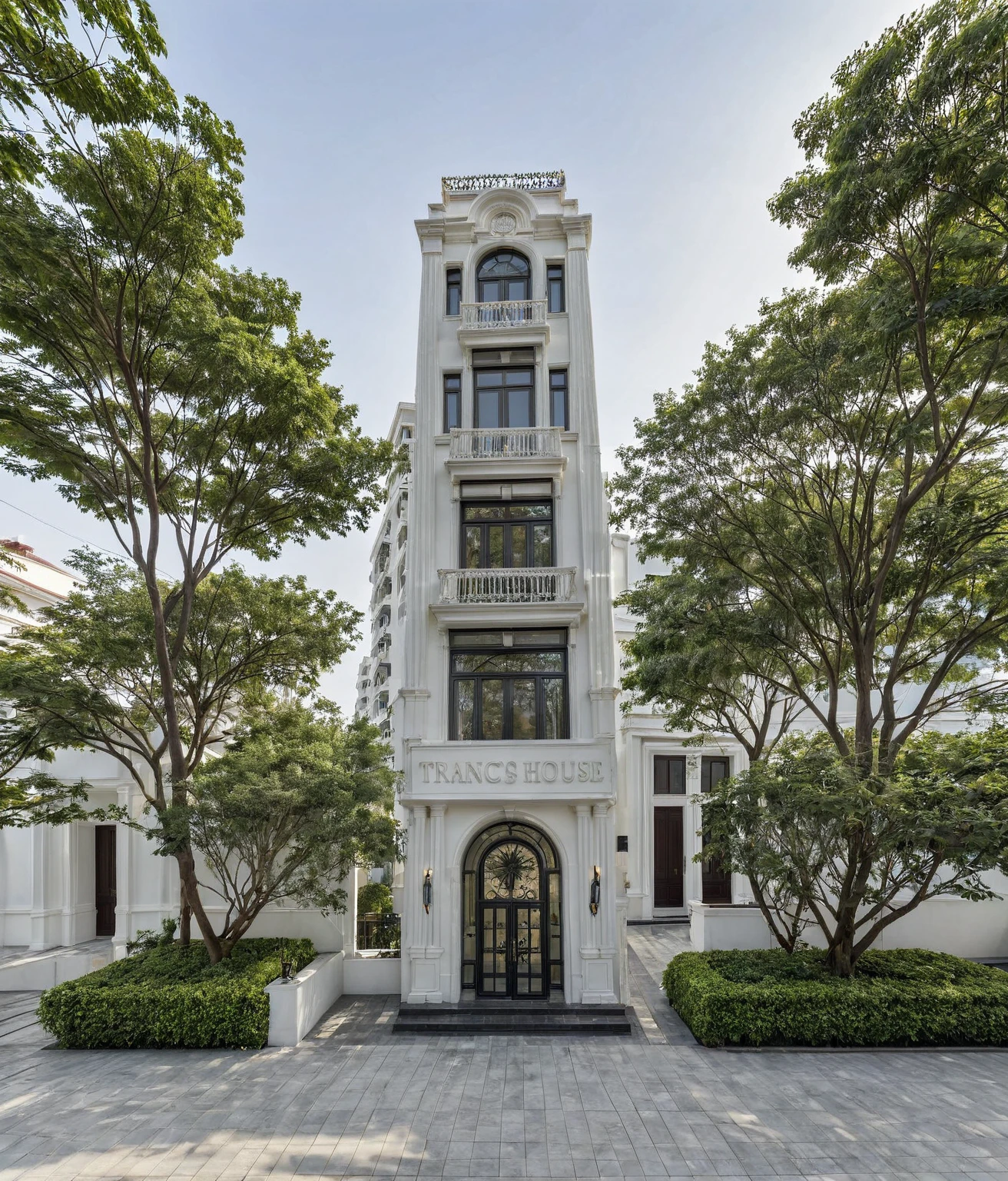 RAW photo,Neoclassical house exterior, Inspired by French architecture, neoclassical style, white, ((Very detailed sculpted moldings at the top of columns and walls)), roof French style house, townhouse in residential area, Building located in a residential area in Hanoi urban area Vietnam, white facade, gray door and gray window facing the street, black steel railing, warm yellow light, (sidewalk), (sidewalk tree), (gate), (surreal), (super detail: 1.5), clean white sky, natural light, (road architecture curl:1.2), (sharpen:1.2), 8k uhd, dslr, soft light, high quality, film grain, Fujifilm XT3