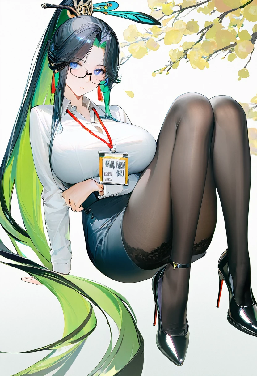 liduke, reoen:, wanke, xianyun, 1girl, solo, multicolored hair, black hair, green hair, blue hair, very long hair, ponytail, deep blue eyes, big breasts, hair ornament, black_lace, high heels, glasses, black pantyhose, shirt, black skirt, long sleeves, pencil skirt, white shirt, bangs, miniskirt, lanyard, jacket, black pantyhose, black footwear, high-waist skirt, (simple background), white background, looking at viewer, , arm under breasts, black underwear, (beautiful color, detailed, best quality, amazing quality, very aesthetic:1.1)