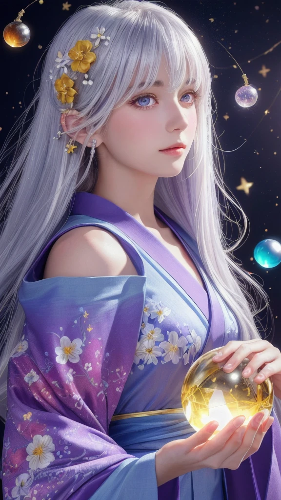 (masterpiece:1.3), (8k, photorealistic, raw photo, highest quality:1.4), (one girl), beautiful face, (realistic face), (long hair), (silver hair, near white hair, shiny hair, beautiful straight hair), (even bangs), (sharp bangs), straight hairstyle, realistic eyes, beautiful detailed eyes (purple eyes), (sharp eyes), (realistic skin), beautiful skin, (kimono), (magician's kimono), (flower hair ornament), attractive, ultra high resolution, ultra realistic, highly detailed, golden ratio, colorful background, (flowers blooming), (energy dancing background), magician, facing forward, facing from shoulders, looking straight ahead, both shoulders facing towards you, holding crystal ball, (heart crystal ball, love crystal ball).