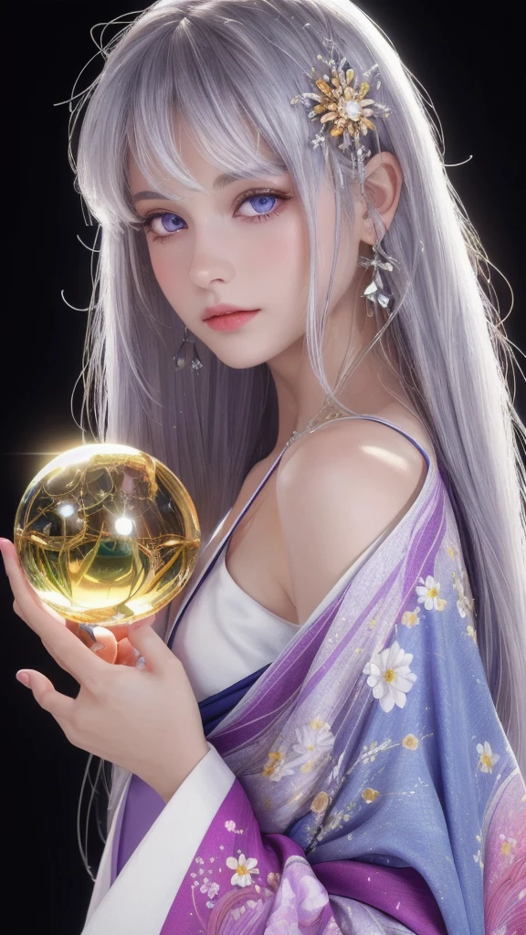 (masterpiece:1.3), (8k, photorealistic, raw photo, highest quality:1.4), (one girl), beautiful face, (realistic face), (long hair), (silver hair, near white hair, shiny hair, beautiful straight hair), (even bangs), (sharp bangs), straight hairstyle, realistic eyes, beautiful detailed eyes (purple eyes), (sharp eyes), (realistic skin), beautiful skin, (kimono), (magician's kimono), (flower hair ornament), attractive, ultra high resolution, ultra realistic, highly detailed, golden ratio, colorful background, (flowers blooming), (energy dancing background), magician, facing forward, facing from shoulders, looking straight ahead, both shoulders facing towards you, holding crystal ball, (heart crystal ball, love crystal ball).