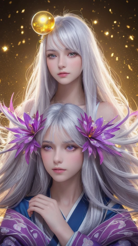 (masterpiece:1.3), (8k, photorealistic, raw photo, highest quality:1.4), (one girl), beautiful face, (realistic face), (long hair), (silver hair, near white hair, shiny hair, beautiful straight hair), (even bangs), (sharp bangs), straight hairstyle, realistic eyes, beautiful detailed eyes (purple eyes), (sharp eyes), (realistic skin), beautiful skin, (kimono), (magician's kimono), (flower hair ornament), attractive, ultra high resolution, ultra realistic, highly detailed, golden ratio, colorful background, (flowers blooming), (energy dancing background), magician, facing forward, facing from shoulders, looking straight ahead, both shoulders facing towards you, holding crystal ball, (heart crystal ball, love crystal ball).