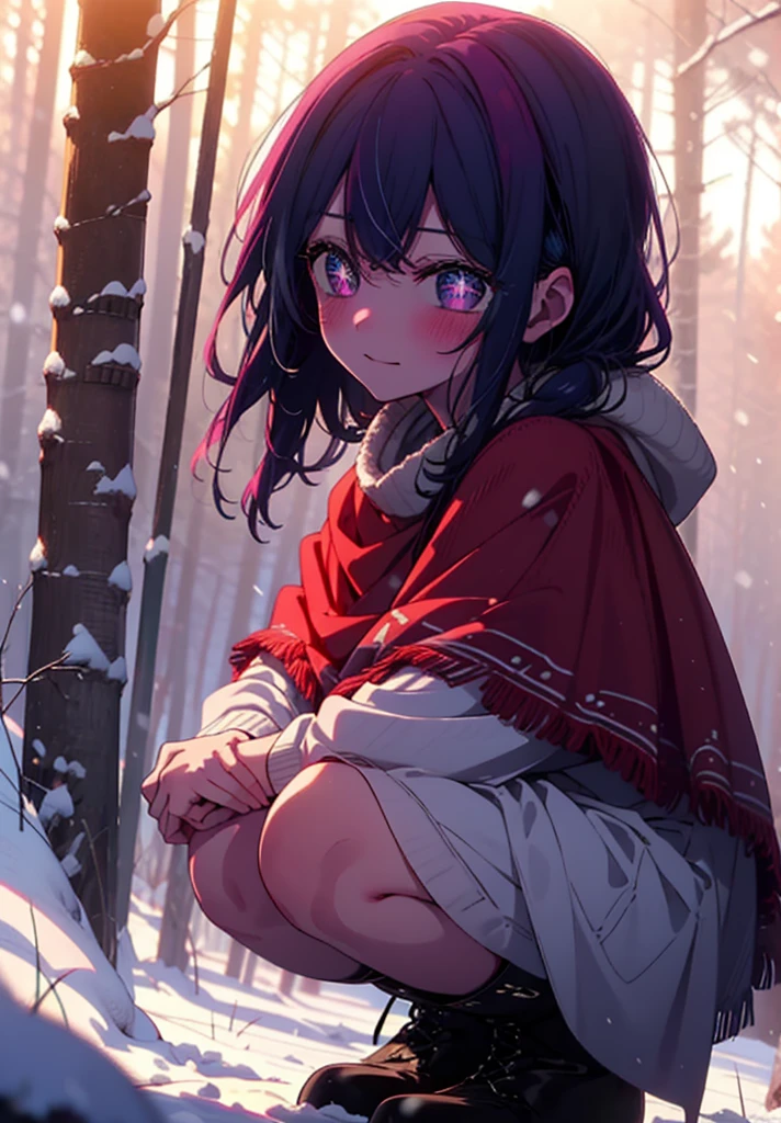 aihoshino, Ai Hoshino, Long Hair, bangs, (Purple eyes:1.1), Purple Hair, (Symbol-shaped pupil:1.5), smile,,smile,blush,White Breath,
Open your mouth,snow,Ground bonfire, Outdoor, boots, snowing, From the side, wood, suitcase, Cape, Blurred, , forest, White handbag, nature, Squat, Mouth closed, Cape, winter, Written boundary depth, Black shoes, red Cape break looking at viewer, Upper Body, whole body, break Outdoor, forest, nature, break (masterpiece:1.2), Highest quality, High resolution, unity 8k wallpaper, (shape:0.8), (Beautiful and beautiful eyes:1.6), Highly detailed face, Perfect lighting, Extremely detailed CG, (Perfect hands, Perfect Anatomy),