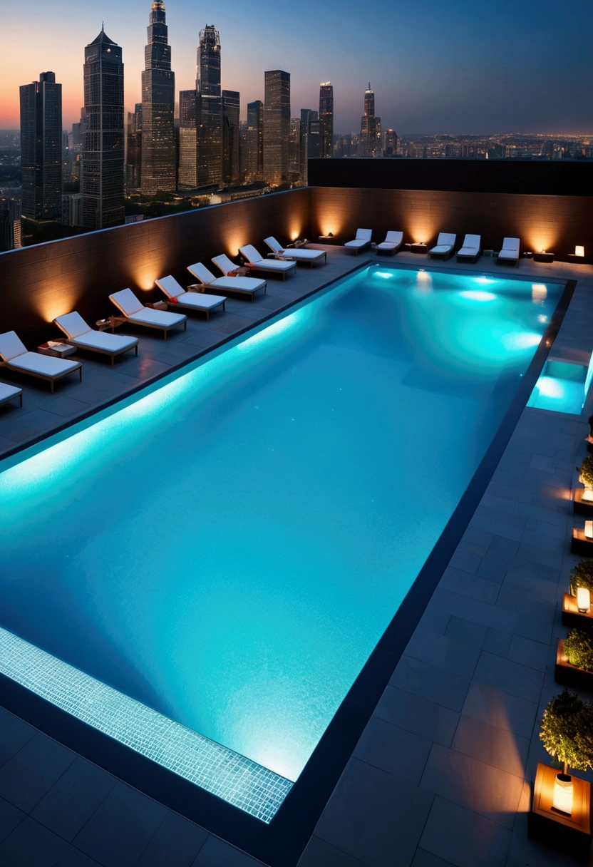 (Pool parties), a vibrant pool  set in a futuristic eco-city, where the latest in aquatic technology seamlessly blends with nature. The pool, a vast, crystal-clear bioluminescent body of water, glows with an iridescent palette that shifts with the underwater currents, casting a dreamy ambiance over the entire scene, full body, (Photography), panoramic view, award-winning, cinematic still, emotional, vignette, dynamic, vivid, (masterpiece, best quality, Professional, perfect composition, very aesthetic, absurdres, ultra-detailed, intricate details:1.3)