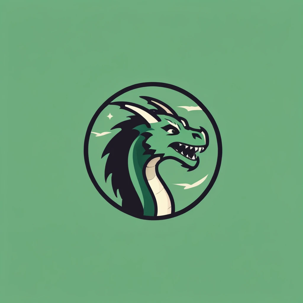 A logo for a video game company, with a dragon playing video games, minimalist, of various shades of green.