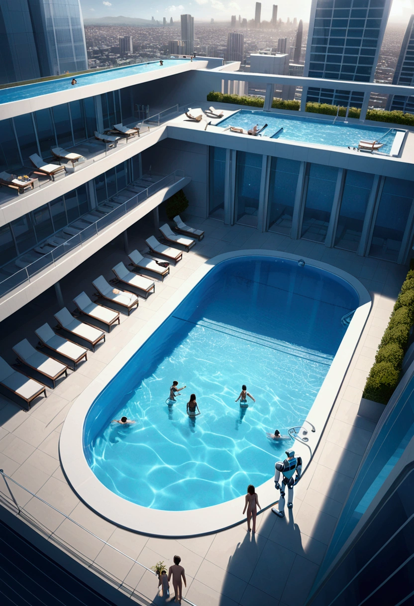 (Pool parties), a vibrant pool  set in a futuristic eco-city, where the latest in aquatic technology seamlessly blends with nature. The pool, a vast, crystal-clear bioluminescent body of water, glows with an iridescent palette that shifts with the underwater currents, casting a dreamy ambiance over the entire scene, full body, (Photography), panoramic view, award-winning, cinematic still, emotional, vignette, dynamic, vivid, (masterpiece, best quality, Professional, perfect composition, very aesthetic, absurdres, ultra-detailed, intricate details:1.3)