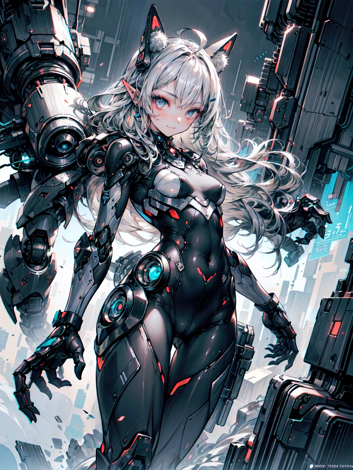 masterpiece、Near future、Very sophisticated、Highest quality、Very detailed、Very detailedイラスト、Very detailed、Intricate details、High resolution、super Intricate details、HVery detailed 8k CG wallpapers、Caustics、Reflective plate、Ray Tracing、1 Girl:1.4)、alone、alone、(black_theme:1.3)、(gray_theme:1.3)、(mecha musume(black_theme:1.6)、mecha musume(Blanche_theme:1.1)、mecha musume、Machinery Parts、Robot Joint Machine Mechanical Leg、headgear、Complex Mechanical Body Suit、Mechanical Energy Wing、電気Machinery Parts、Cyber Parts、Robotics、Energy Rifle Mechanical Sniper Rifle)、)、とてもLong Hair、blackと緑の髪(blackと緑のロング)、 eye((緑いeye、いeye、)(輝くeye、)(eyeの軌跡、))Random facial expressions、東京city(Shibuya Ward)、city、At night、((Neon Light、緑 Neon Light))、(Detailed Background、(black_theme:1.3)、(gray_theme:1.3)、city)、((masterpiece))、Absurd、Hmph、(Classic Headshot Pose)、cyberpunk city、masterpiece、High resolution、Blake、(Dark Elf), Perfect Face, 優しいsmile、Get used to it, Ahoge, ((Long Hair:1.2)), (片方のeyeの上の髪:1.3), [[Messy Hair]], Shiny blonde white hair, 紫のeye, 色とりどりのeye, Colorful Hair, 輝くeye, (eyelash, eye shadow, ピンク eye shadow), bright, smile, Design Art：Haruhiko Mikimoto, by Kawashi, By Yoshitaka Amano, Dark brown skin