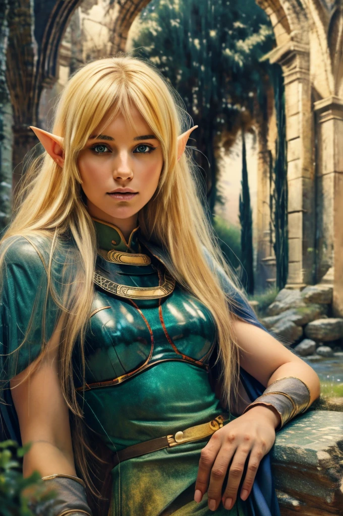 1girl, deedlit, blond elf, sitting gracefully on ancient stone bench, playing lute, long flowing hair, flowing cloak, soft breeze, detailed face, beautiful detailed eyes, beautiful detailed lips, extremely detailed face and features, hyperrealistic, photorealistic, 8k, cinematic lighting, dramatic atmosphere, fantasy landscape, ancient ruins, mossy stones, warm color palette