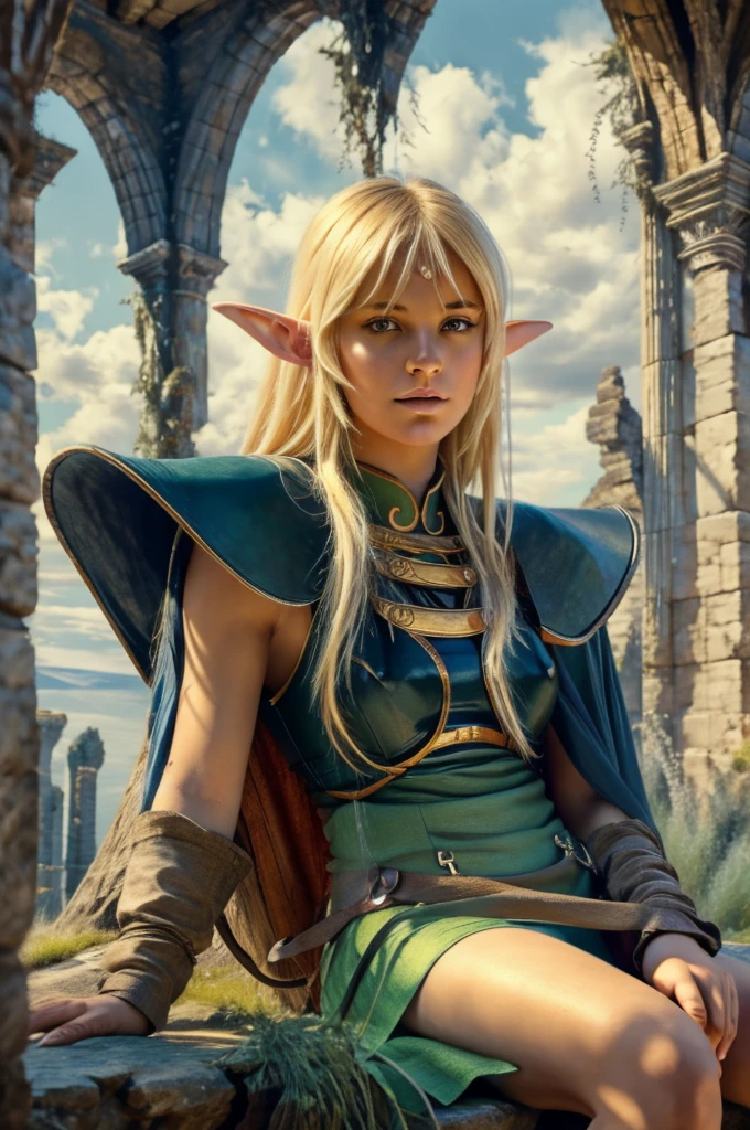 1girl, deedlit, blond elf, sitting gracefully on ancient stone bench, playing lute, long flowing hair, flowing cloak, soft breeze, detailed face, beautiful detailed eyes, beautiful detailed lips, extremely detailed face and features, hyperrealistic, photorealistic, 8k, cinematic lighting, dramatic atmosphere, fantasy landscape, ancient ruins, mossy stones, warm color palette