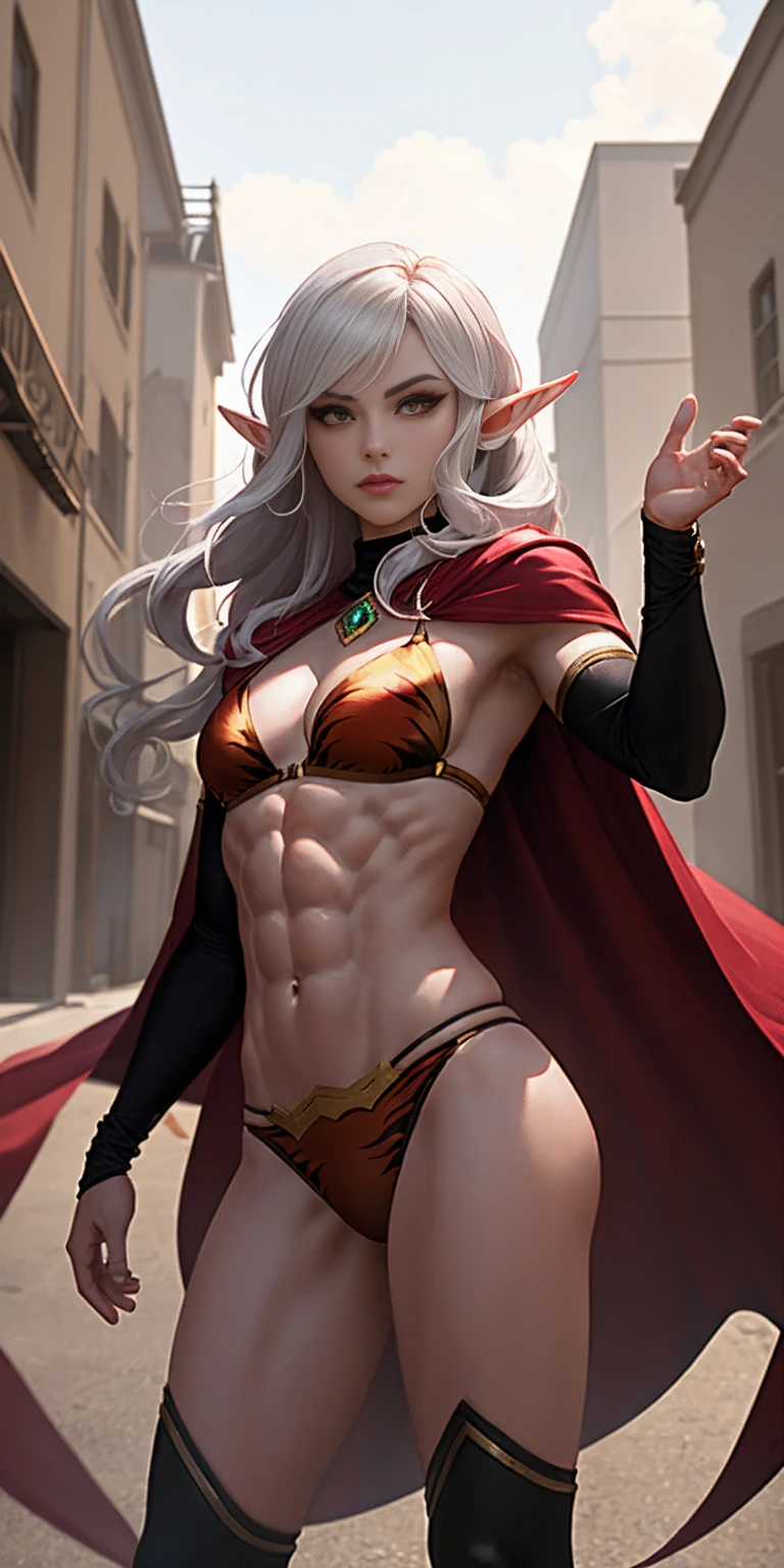 Buzz cut , perfect anatomy 1 girl tall solo, ((black skin:1.3)), slim thick, colored skin, ((muscular)) high dark elf toned body, silver pasties on breasts, ((small breasts:1.4)), metal silver cape, slendered abs, ((garter belt on hips)), midriff exposed, ((pressed cleavage:1.3)), hourglass waist, detailed face, defined cheekbones, puffy lips, gauntlets, (((tall gold crown))), shadow over eyes, looking at viewer, masterpiece, ((white thigh high lingerie))