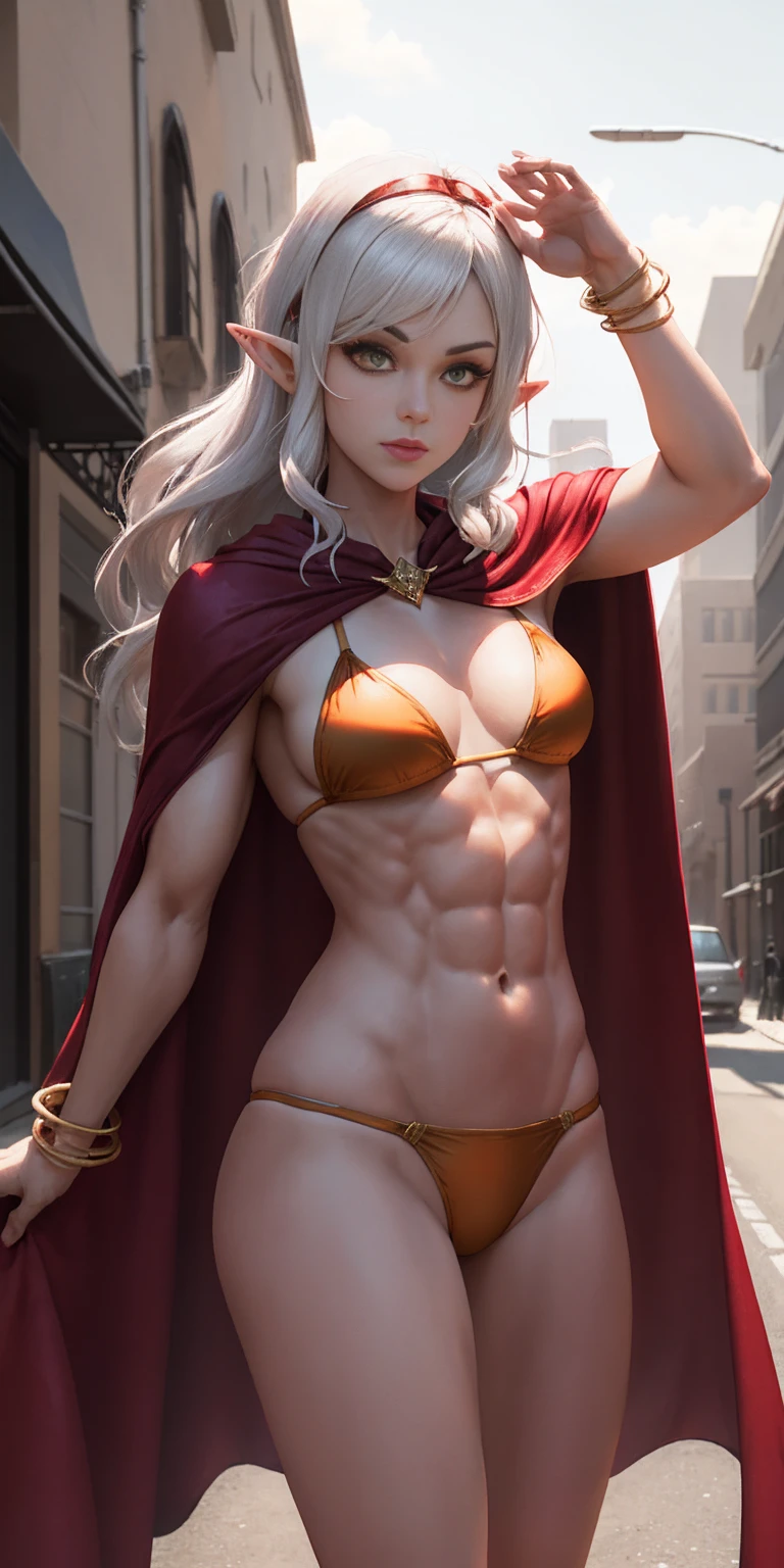 Subject: 1 Solo Female Drow Elf Physical Description: Purple Skin Long White Hair Strong Body with Abs Shiny Skin (Ultra Quality) Attire: Yellow Tiger Bikini (underneath) Red Cape (flowing) Pose: Standing Pose Background: Cinematic Street Scene (Atmospheric, 8K) Additional Notes: Red sunglasses