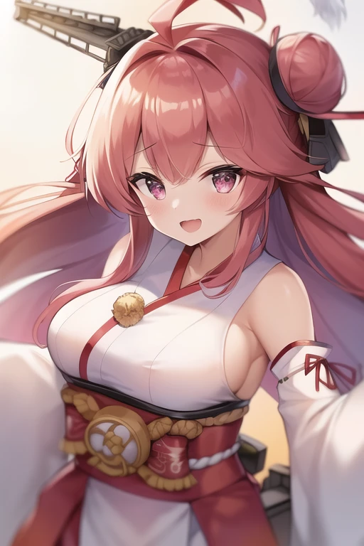 One girl, alone, Long Hair, King Kongu (Kantai Collection),Sakura Miko, Pink Hair, Double Bang, Purple eyes, Hair Bun, Ahoge, Open your mouth, Non-traditional Shrine Maiden, Removable sleeves, Brown eyes, White Background, (headgear):2, (Hair Bunド):2, smile, Sleeves edged with ribbon, Simple Background, kimono, Ribbon trim, View your viewers,  username, Upper Body, Wide sleeves, :d, King Kong