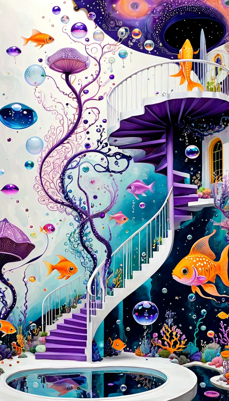 &quot;Dick Ellescas Artist Style&quot;,Transparent pool，沐浴的章fish，Platform、Starry Sky、fish、Tentacles、bird、Eye、Soap bubbles，diatom，Spiral Staircase，Stitching together an abstract painting，Sense of space，White Space，interesting，Innocence，Psychedelic Art，Pink theme，Bold contrasts，Purple and Orange