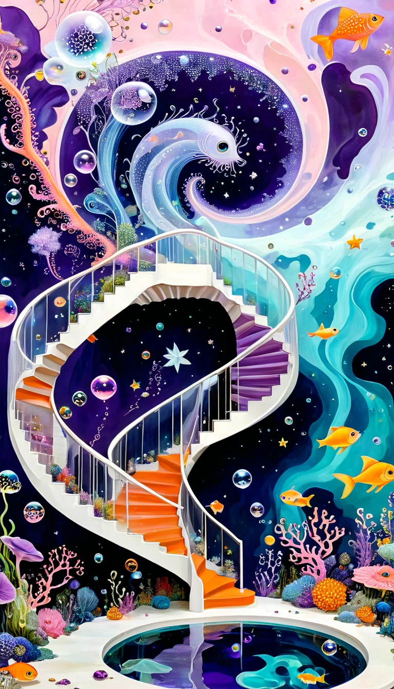 "Dick Ellescas Artist Style",Transparent pool,沐浴的章fish,Platform、Starry Sky、fish、Tentacles、bird、Eye、Soap bubbles,diatom,Spiral Staircase,Stitching together an abstract painting,Sense of space,White Space,interesting,Innocence,Psychedelic Art,Pink theme,Bold contrasts,Purple and Orange