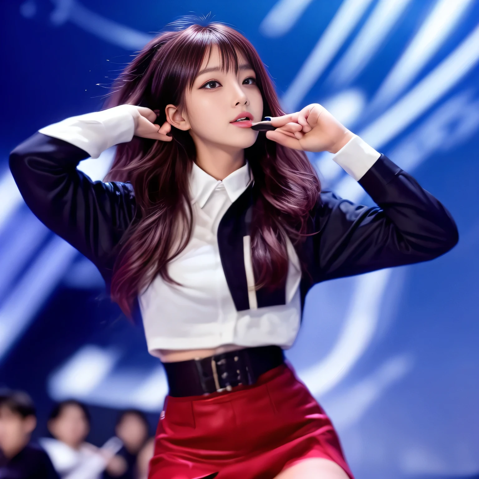 A 18 yo girl wearing a short skirt and a white shirt is holding a maiku , performing on stage, on stage, on stageで, Beldelfinn, On Stage, Roseanne Park from Blackpink, Lalisa Manoban of Blackpink, live on stage, Wearing White miniskirt, whole body! Pretty face, Korean Idol, spring day