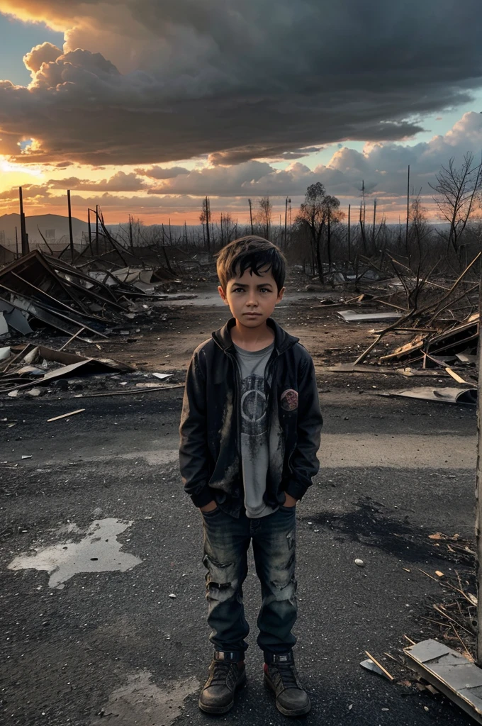 In the foreground, a young boy stands amidst the ruins of a devastated world. His expression is a mix of shock, sorrow, and regret. He is dressed in simple, torn clothing, and his hands are slightly outstretched, as if he has just released something powerful or destructive.Around him, the landscape is apocalyptic. Buildings are crumbled and reduced to rubble, with twisted metal and shattered glass scattered across the ground. The sky is a murky, dark gray, filled with swirling clouds and faint, ominous red glows. In the distance, you can see remnants of what used to be a bustling city now lying in ruins.The ground is cracked and scorched, with smoke rising from multiple areas, hinting at recent explosions or fires. Some trees are charred stumps, while others are uprooted and lying on the ground. There is an eerie silence in the scene, with no sign of life around.